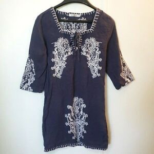 Monoreno Blue Chambray Denim Embroidered Boho Chic Shirt Dress Tunic Women M